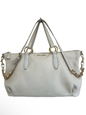 Miu Miu Pebbled Leather Crossbody Shoulder Hand Bag Satchel East West Off White